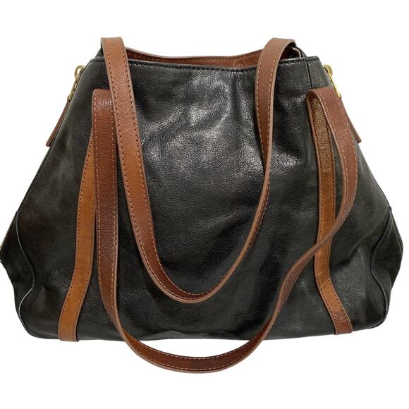 Boho Fossil Black & Brown Leather Tote Purse Hobo Bag Expandable Side Zippers - Picture 7 of 10